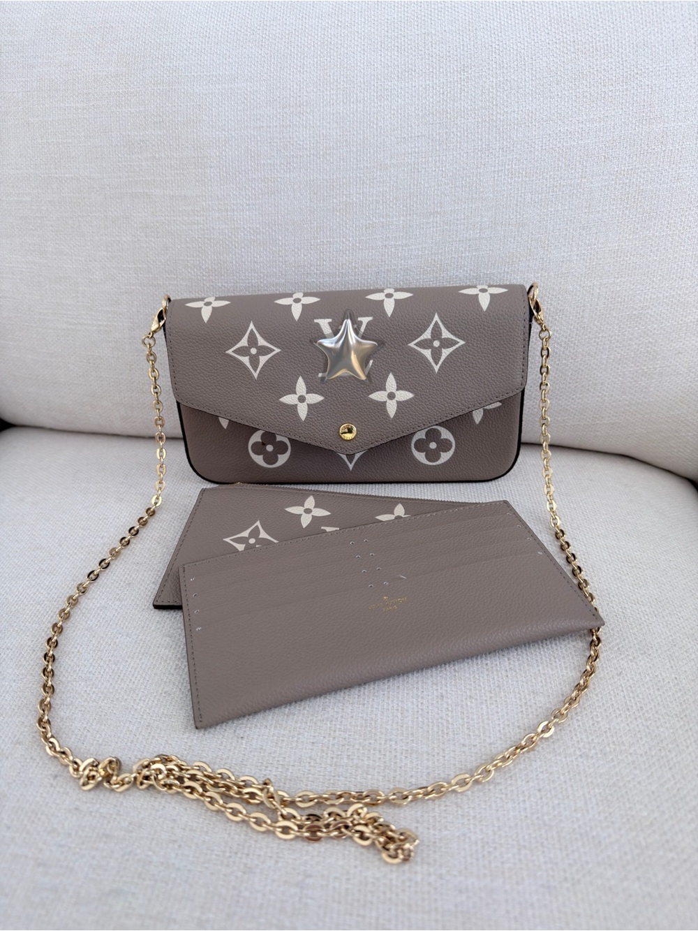 Taupe Monogram Crossbody Bag with Gold Chain